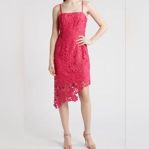 Adelyn Rae Midi Dress XS Hot Pink Crochet Lace Monica Asymmetrical Hem New $180